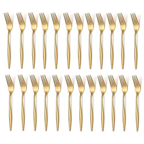 Gold Dessert Forks Set of 24, Stainless Steel Cocktail Forks, Stylist Small Appetizer Forks for Fruit Salad cake, 5.8 Inches Dishwasher Safe