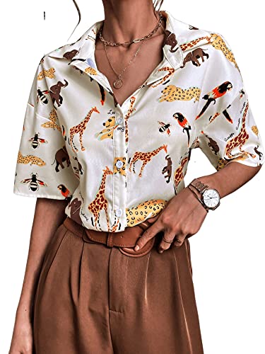 SweatyRocks Women's Short Sleeve Cute Print Button Down Shirt Tops Beige Animal S