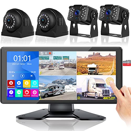 RV Backup Camera for RV Truck Semi Truck Trailer, 4K 10.36" Touch Monitor with Recording DVR MP5 Bluetooth Adjustable Parking Assist Line & Four 1080P AHD IP69 Waterproof Rear Side View Backup Cameras