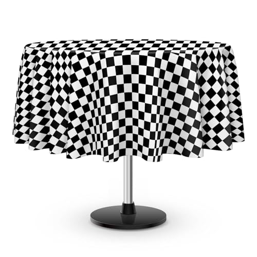 12 Pack Black and White Checkered Tablecloth, Round Black Checkered Flag Plastic Table Cloths for Parties Disposable, 84x84 in Waterproof Race Car Tablecloth for Birthday Party Halloween Picnic School