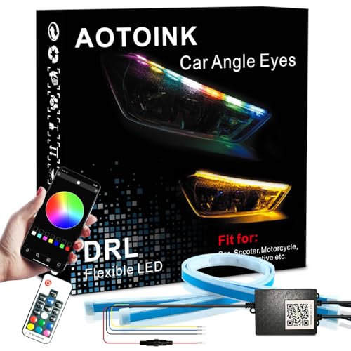 Exterior Car Headlight Strip Lights, AOTOINK Multicolor 24 Inch 12V LED Daytime Running Light, RGB Flexible DRL LED Strips Waterproof Switchback Sequential Turn Signal Bulbs (APP & RF) 2-Pack