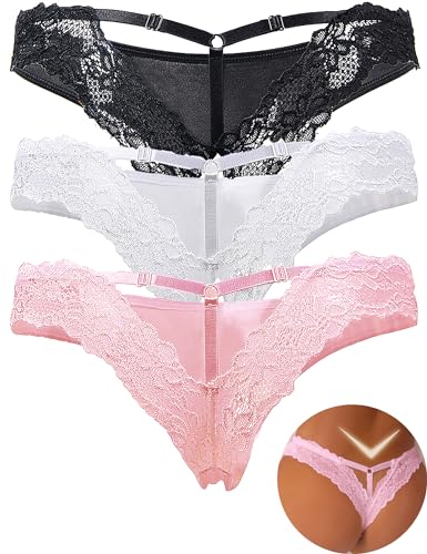 ohyeah 3 Pack Womens Underwear Sexy Lace G-string Thongs Panties for Women Cotton Crotch XL-XXL (Black, White, Pink)