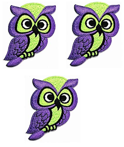 Umama Patch Set of 3 Purple Green Owl Bird Retro Hippie Boho 70s Cartoon Sticker Patches Cute Owl DIY Applique Embroidered Sew Iron on Patch Emblem Clothing or Reward Gift