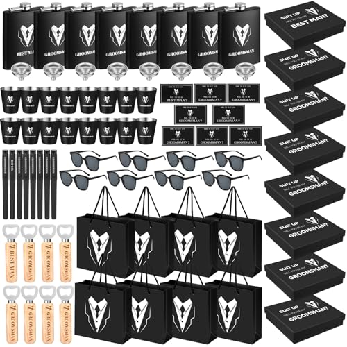 Layhit 80 Pcs Groomsmen Gifts Set of 8, Groomsmen Proposal Gift Set, 8 Flask and 16 Stainless Steel Shot Glass 8 Wood Bottle Opener 8 Pen 8 Sunglasses with 8 Card 8 Box 8 Bag for Wedding Party