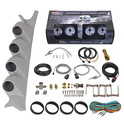 GlowShift Diesel Gauge Package Compatible with Ford Super Duty F-250 F-350 Power Stroke 1999-2007 - White 7 Color 60 PSI Boost, 1500 F EGT, Transmission Temp & Fuel Pressure Gauges - Gray Pillar Pod