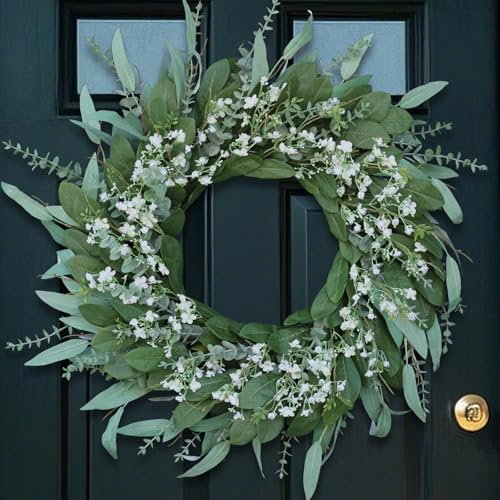 26'' Eucalyptus and Babys Breath Flowers Wreath for Front Door - Large Artificial Greenery Outdoor Wreath for Porch,Window,Farmhouse,Home,Hanging Decor- Spring, Summer, All Seasons (Green-White)