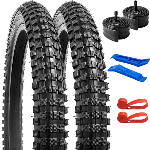 YUNSCM 2-PCS 20" Bike Tires 20x2.4/64-406 and 20" Bike Tubes Schrader Valve with 2 Rim Strips Compatible with Mountain/Off Road Bike 20x2.35 20x2.40 Bicycle Tires and Tubes (Y-1094)