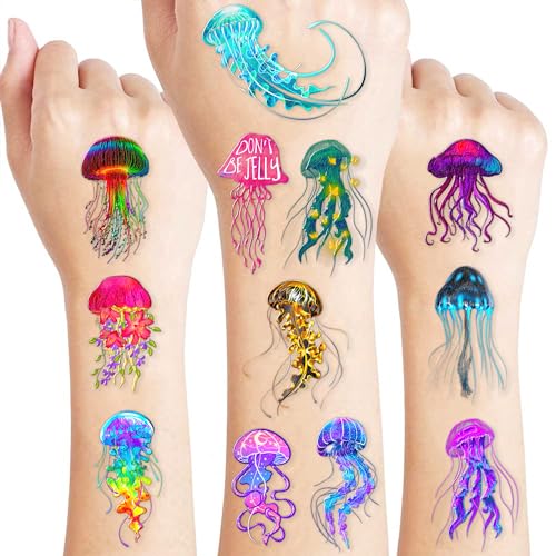 97 PCS Jellyfish Temporary Tattoos - Under The Sea Creatures Mermaid Ocean Themed Stickers for Kids Birthday Party Supplies, Decorations, Favors, and Prizes - Cute Gifts for Boys and Girls
