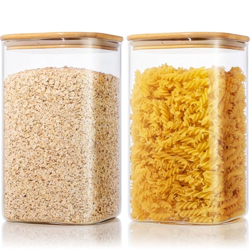 Extra Large Square Glass Flour & Sugar Storage Containers with Airtight Lids, 168 floz - 2 Pack Glass Jars with Bamboo Lids for Pantry, Air tight Food Storage Containers for Cereal, Pasta, Rice