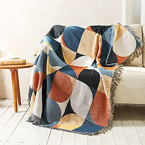 Luxlovery Beige Bohemian Sofa Throw Blankets Ethnic Woven Boho Geometric Multicolor Blue and Orange Throw Blanket for Couch Aztec Bed Throws Oversized Chair Sofa Cover with Tassels(63"x86")