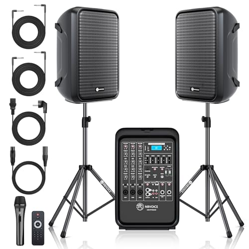NBVOICE Professional Portable All-in-One 2-Way PA System Suitcase-Style Design with 8-Channel Mixer and 2X Speaker Stands,Bluetooth, Microphone, Remote Control for Performances, Presentations
