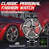 BOYADKA Car Watches for Men, Spinning Car Wheel Watch with Japanese Quartz Movement, Stainless Steel Waterproof Wrist Watch with Car Rim Hub Racing Design for Car Enthusiast