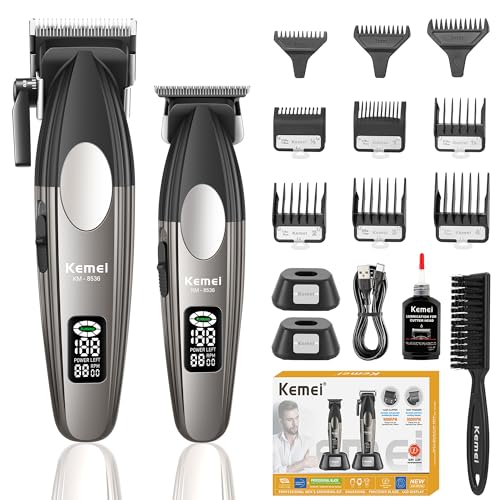 KEMEI 8536 Professional Hair Clippers for Men, Cordless Barber Clipper and Trimmers Set with LED Displays, 9000 RPM Hair Cutting Kits with Charging Bases, Mens Grooming Kit