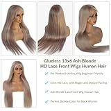 Ash Blonde Lace Front Wig Human Hair, 30 Inch Ash Blonde HD Lace Frontal Wig 13x6 Pre Plucked Colored Wigs for Black Women 100% Real Human Hair Full Straight Blonde Lace Front Wigs 180% Density