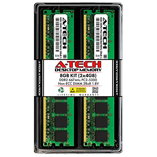 A-Tech 8GB (2x4GB) DDR2 667MHz UDIMM PC2-5300 CL5 2Rx8 1.8V DIMM Non-ECC Unbuffered Desktop RAM Memory Modules