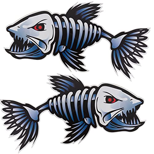 Fish Skeleton Waterproof Decal - 2Pcs Vinyl Sticker (12" x 6" Each) for Kayak, Fishing Boat, Car, Truck, Canoe,Pontoon