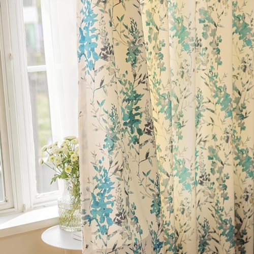 SUOUO Aqua Blue Chenille Floral Curtains for Bedroom Dining Living Room Patterned Grey Leaf 96 Inches Long Light Filtering Boho Window Drapes 2 Panels