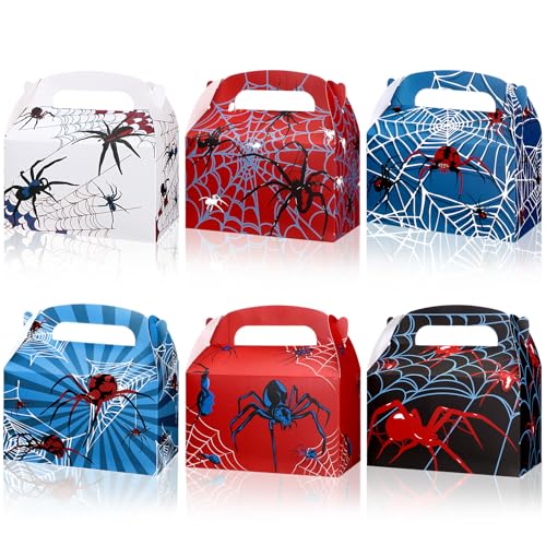 30 Pcs Spider Party Favor Boxes Spider Gifts Bags with Handles Gable Treat Boxes 6.3 x 3.23 x 3.74 Inches Spider Birthday Party Decoration Supplies Goodie Candy Bags for Party Favor, 6 Styles