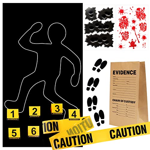 Keymall 15 Pcs Crime Scene Decoration Includes Body Silhouette Caution Tape Evidence Marker Bag Footprint Bullet Hole Stickers For Halloween CSI Theme Murder Mystery Dinner Party Room Decor