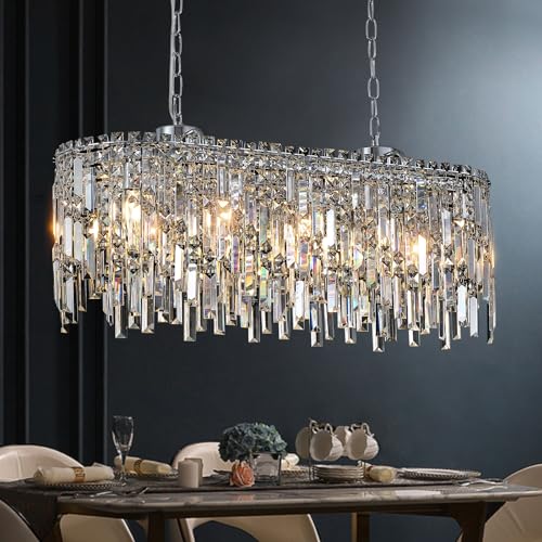 A AXILIXI Rectangular Crystal Chandelier for Dining Room Modern Chrome Chandelier Linear Rectangle Pendant Light Fixtures for Kitchen Island L33” K9 Luxury Long Chandelier for Living Room