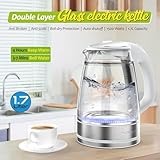 Double Glass Electric Kettle 1.7L Cordless Water Boiler, Tea Heater with Auto Shutoff & Dry Production for Boiling Hot Water,LED Stainless Steel Interior Tea Kettle Double Wall Anti-Scald Design White