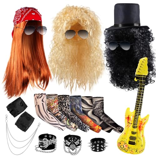 Mepase 3 Set Halloween Rocker Costume Include 3 Rocker Wig 3 Bracelet 6 Tattoo Sleeve 3 Pair Sunglasses Studded Gloves Bandana Black Top Hat Inflatable Guitar for Men Women Cosplay