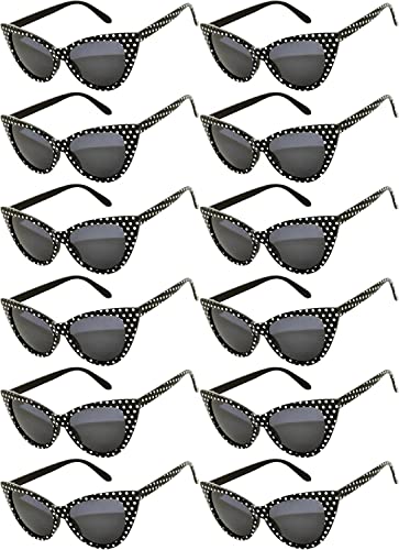 OWL 12 Pack Cat Eye Sunglasses for Women, UV Protected Smoke Lens Cateye Sunglasses Bulk, Retro Black Polka Dot Cateye Shades