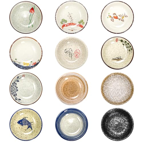 Nagpew 12 Pieces Japanese Sauce Dishes, 2 Oz Round Ceramic Side Dish Set, Small Seasoning Soy Dipping Bowl Plate for Sushi, Snack, Appetizer and Kitchen Prep, Assorted Color