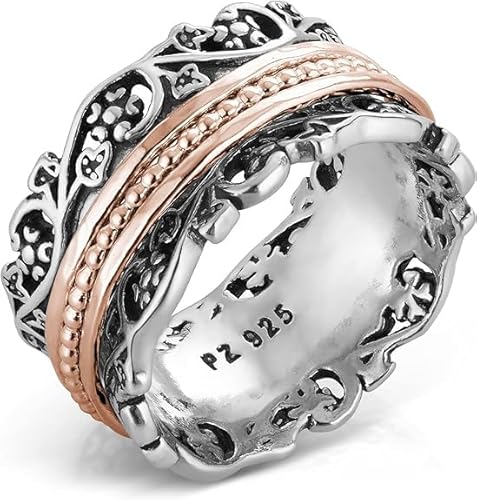 Paz Creations 925 Sterling Silver Spinner Ring for Woman, Anxiety Fidget Rings Hand Crafted, Vintage Style, with 1 Year Warranty, Rose Gold, Size 8