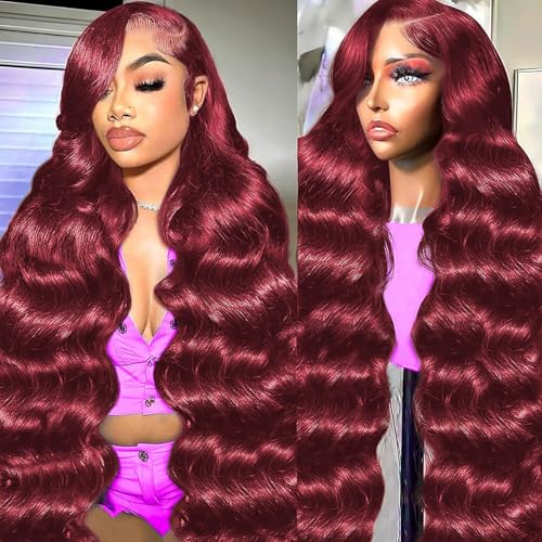 pidrez 34 Inch 99j Burgundy Lace Front Wigs Human Hair Pre Plucked 13x6 HD Transparent Lace Frontal Human Hair for Women 180% Density Red Wig