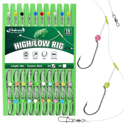 Dovesun High Low Rigs Fishing Saltwater 60lb Pre-Tied Hi/Lo Saltwater Fishing Rigs Strong Unique T Knot Surf Fishing Rigs for Flounder Tautog Porgy Snapper with 2/0 Hook 10PCS