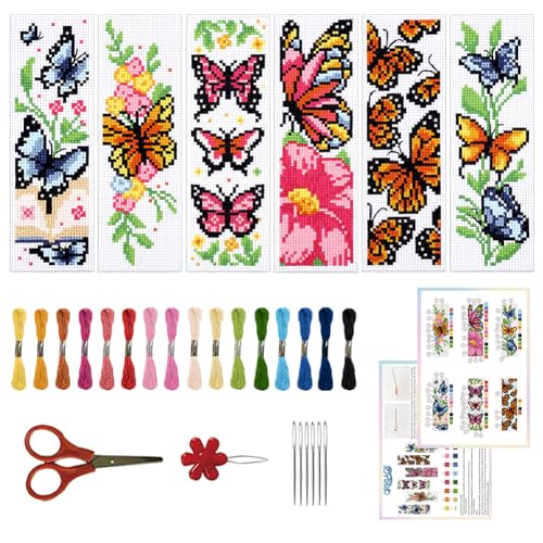 ORIGACH 6 Pcs Cross Stitch Bookmark Kit for Beginner Adults, Butterflies and Flowers Stamped Embroidery Bookmark Kit with Instruction for Starters Printed Cross Stitch DIY Kits for Book Lovers