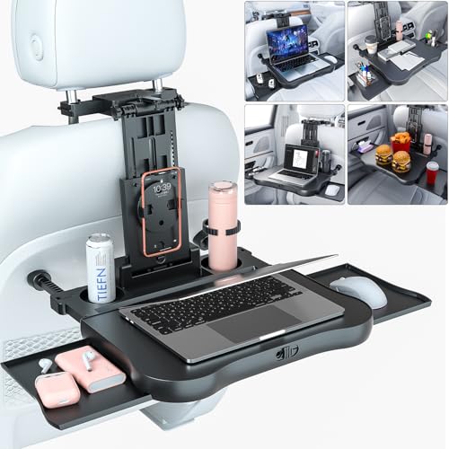 Car Back Seat Tray Table, Stable Foldable Auto Backseat Food Trays Desk for Rear Passenger Road Trip Eating & Work, Multifunctional Adjustable Travel Tray with Phone Drink Holder for Laptop iPad