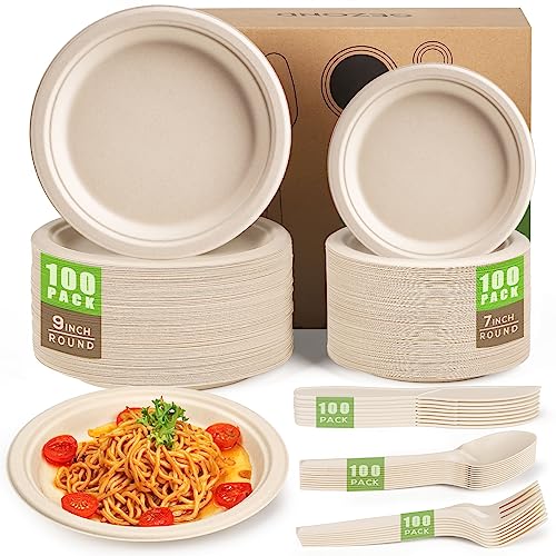Gezond Compostable Paper Plates Set 500pcs Disposable Plates Heavy-Duty Plates Cutlery Eco-friendly Dinnerware Set for Party Picnic