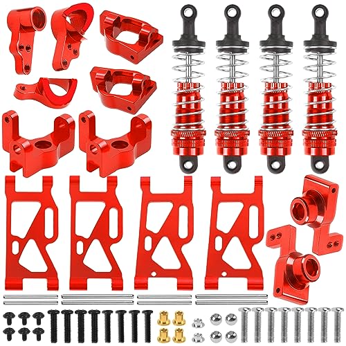 ShareGoo Aluminum Front Rear Swing Arm & Steering Knuckle Kit & Shock Absorbers Compatible with WLtoys 144010 144001 144002 1/14 RC Car (Red)