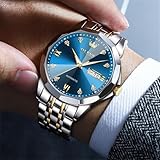 OLEVS Watch for Men Automatic Classic Mechanical Watch Diamond Mirror Stainless Steel Dress Casual Waterproof Day/Date Calendar Blue