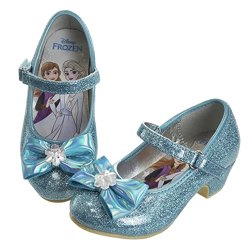 Disney Frozen Shoes - Girls Mary Jane Flat Pump Strap with Bow - Kids Character Elsa Anna Princess Dress up Costume Flower School Party Flats Slip on - Blue (Size 10 Toddler)