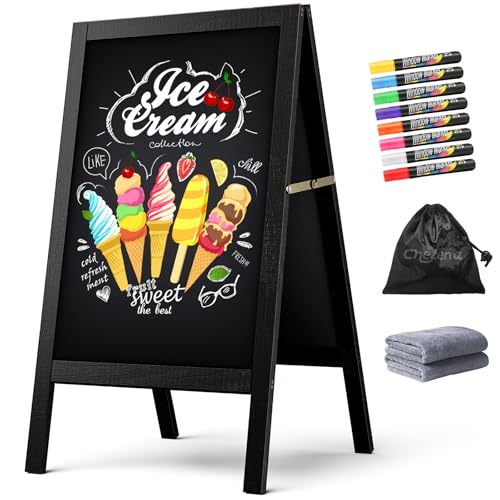 Chezerra A Frame Chalkboard Sign, 40"x20" Extra Large Sidewalk Chalk Board, Wooden Standing ChalkBoards Set with Markers, Double-Sided Magnetic Blackboard for Cafés, Weddings, Party Guide, Black