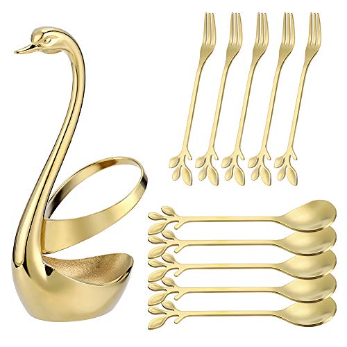 AnSaw Gold Swan Base Holder Set with 10 Pcs 4.7" Mini Leaf Teaspoons & Dessert Forks - Perfect for Appetizers,Salads,Cakes,Fruits,Cocktails,Tea,Espresso - Beautify Your Charcuterie Board Layout