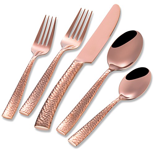 Flatasy Silverware Rose Gold Hammered Heavy Flatware Set Cutlery Set Stainless Steel Mirror Finished Utensil 20 Pieces Spoons Forks and Knives Service for 4