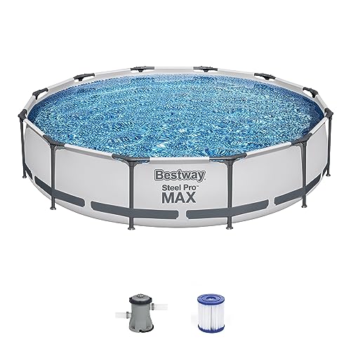 Bestway Steel Pro MAX 12 Foot x 30 Inch Round Metal Frame Above Ground Outdoor Backyard Swimming Pool Set with 330 GPH Filter Pump