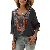 Grosy Bohemian Embroidered Tops for Women, Hippie Clothes, Mexican Peasant Blouses, Traditional Boho Clothing Tunic Shirts (X-Large, Black-4)