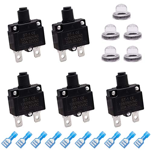 mxuteuk 5Pcs 20Amp Circuit Breakers Push Button Manual Reset 125/250V AC 32V DC,Overload Protector Switch Thermal Circuit Breakers with Quick Connect Terminals and Waterproof Button Caps ST1-5-20A