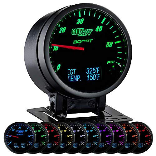 GlowShift 3in1 Analog 60 PSI Boost Gauge with Digital Pyrometer Exhaust Temp EGT & Temperature - Includes 1/8-27 NPT Electronic Sensors & Wiring - Multi-Color - Black Dial - 2-3/8" 60mm