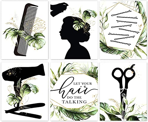 Hair Salon Hairdresser Wall Art Prints Boho Hair Salon Hairdresser Cosmetology Wall Art Canvas Painting for Beauty Salon Decor Dressing Room Girl Room and Bathroom Decoration,Set of 6(8"x10"
