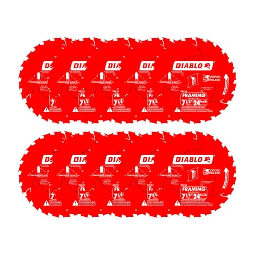 Diablo Framing Saw Blade for Wood - 7-1/4" x 24-Tooth, Thin Kerf, Anti-Vibration, Long Life for Framing & Pressure-Treated Wood, Tracking Point Tooth Design - Pack of 10 - D0724A