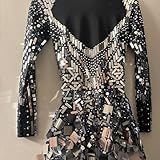 Sequins Short Dress Sparkly Ballroom Dance Costume Mirror Women Team Sexy Stage Wear Luxury Dancer Outfit (XL, Black)