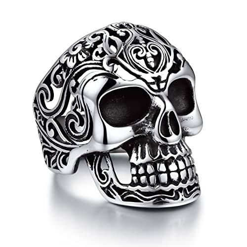 Bandmax Mens Chunky Biker Rings Size 9 Stainless Steel Skull Skeleton Head Ring Gothic Punk Skull Jewelry for Halloween Easter