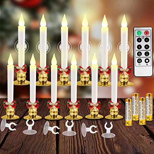 Kithouse Flameless Candles-Window Candles-LED Battery Operated Candles with 24 AAA Batteries,10-Key Remote and Daily Timer,Window Suction Cups,Gold Removable Holders,Christmas Bow