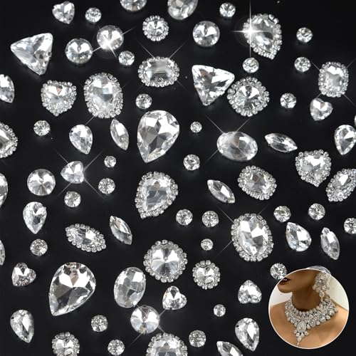 Quorineo Sew on Rhinestones 110PCS | Metal Claw Crystal Gems for Bedazzling, DIY Crafts, Jewelry Making & Wedding Dress Decor with Flatback Glass Settings White Type 3